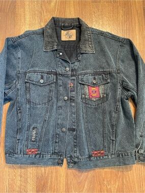 Vintage Aztec Denim Jacket Black Stonewash Trucker Western Boxy Hong Kong XL 50